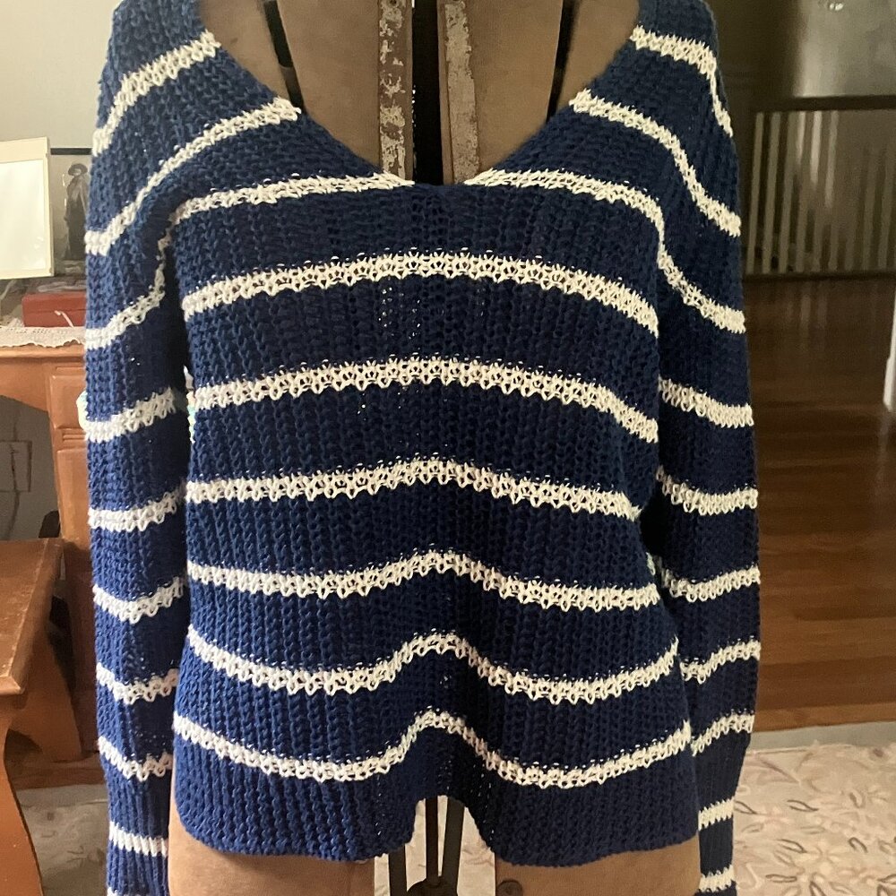 Banana Republic Navy and White Striped V-Neck Sweater